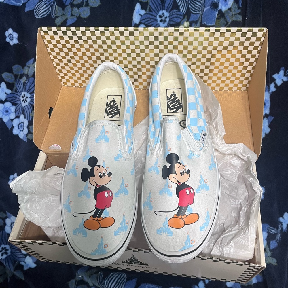 Vans Adults Disney World 50th Slip-On Shoes - White and Blue